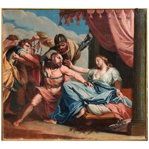 Scène Biblique Samson Et Dalila, Peinture De l'école Vénitienne Du Milieu Du XVIIIe Siècle