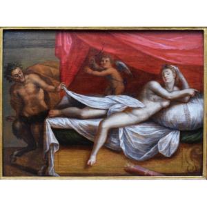 Peinture Flamande Du XVIIe Siècle Représentant Vénus Surprise Par Un Satyre Sur Panneau De Chên