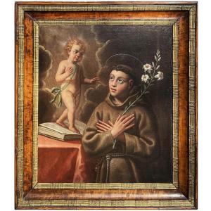 Antique Religious Painting Of Saint Anthony Of Padua, 17th Century, Emilia