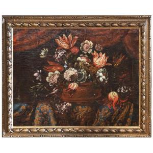 Peinture lombarde, nature morte florale du XVIIe siècle, représentant une corbeille de fleurs