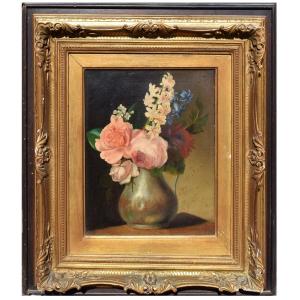19th-century French Painting: Still Life With A Bouquet Of Flowers, On Canvas
