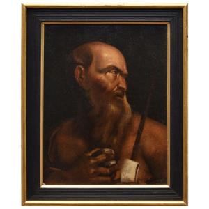 Antique Painting Of Saint Jerome The Penitent, 17th Century