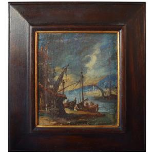 Venetian Capriccio With Boats In The Harbor, 18th Century, Painting