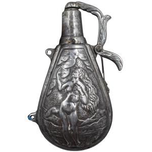 A Flask For Gunpowder Made Of Stamped And Chiseled Iron, Decorated With Mythological Figures