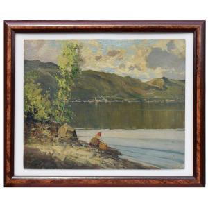 Lakeside View By Mario Moretti Foggia (20th Century) On Wood Panel