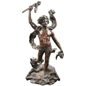 Bacchus With A Panther, Grapes, And A Thyrsus – Italian Bronze, 19th Century