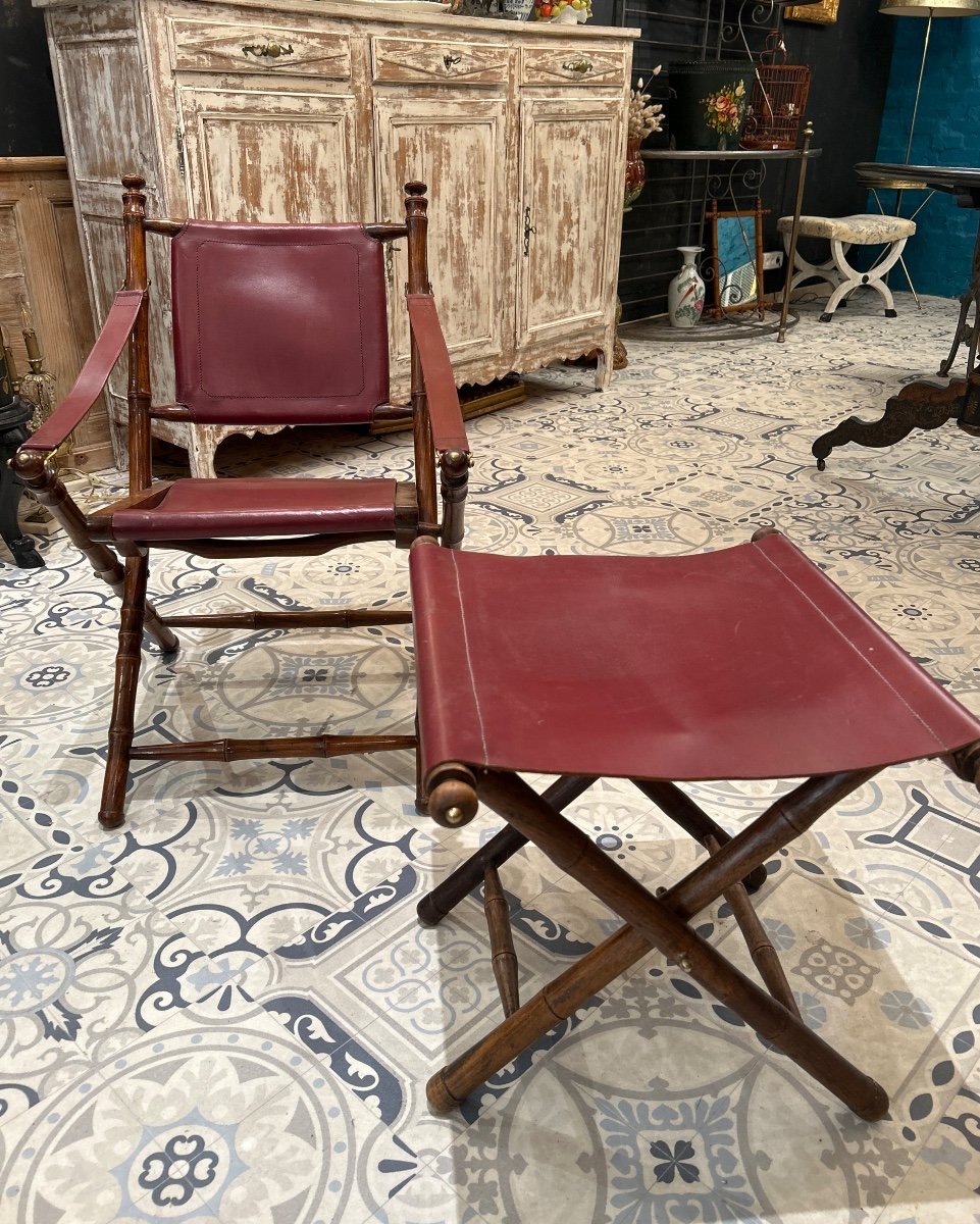 Folding Armchair And Its Bamboo Style Stool