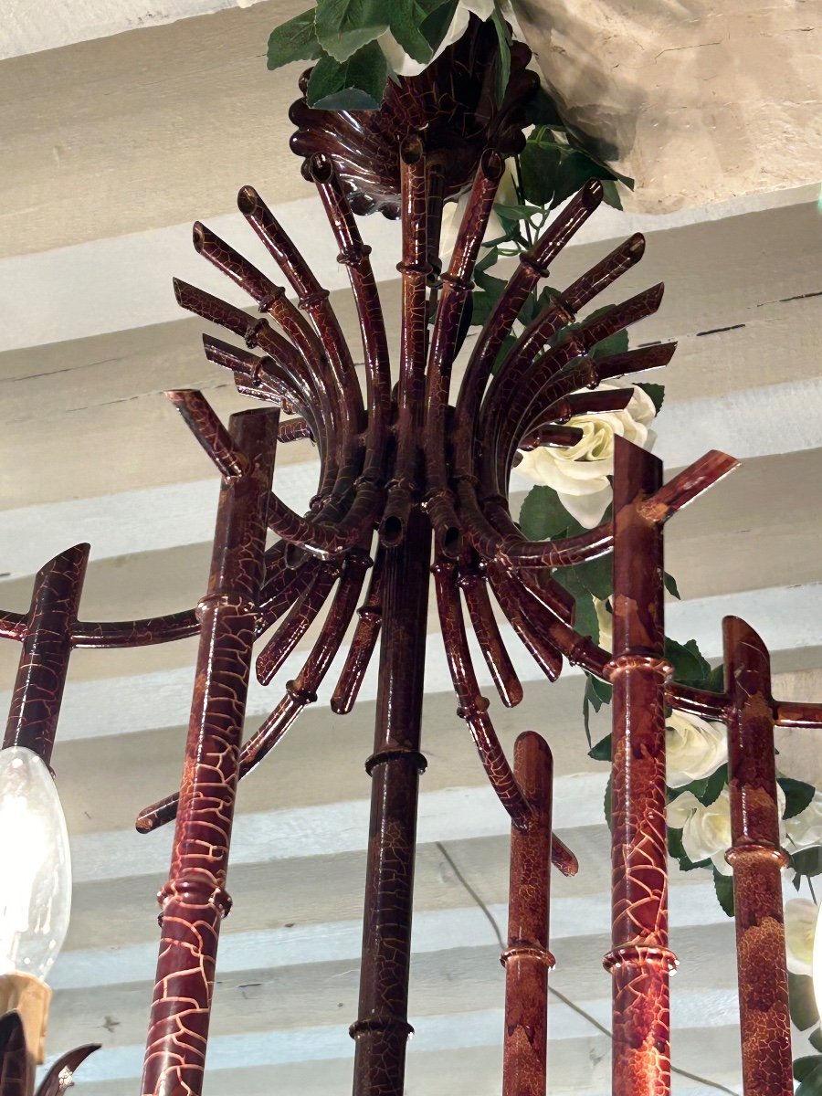 Bamboo Style Chandelier In Patinated Metal-photo-4