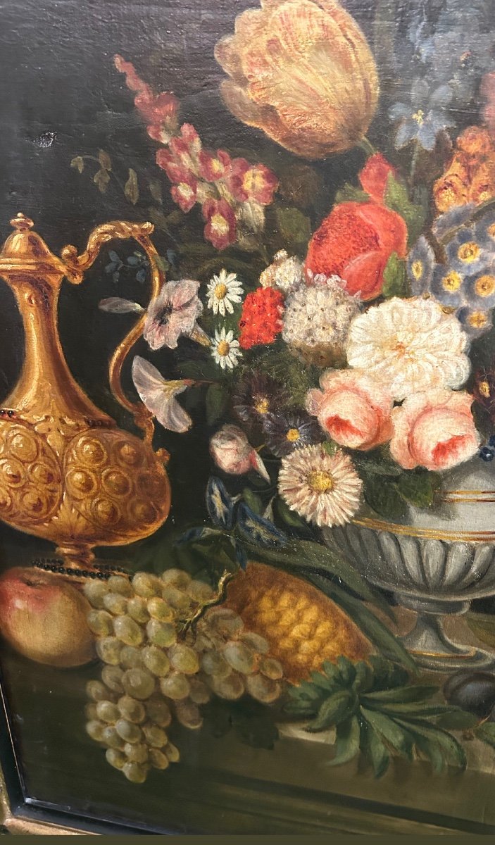 Tableau Nature Morte Au Bouquet De Fleurs ,aiguière Et Fruits-photo-2