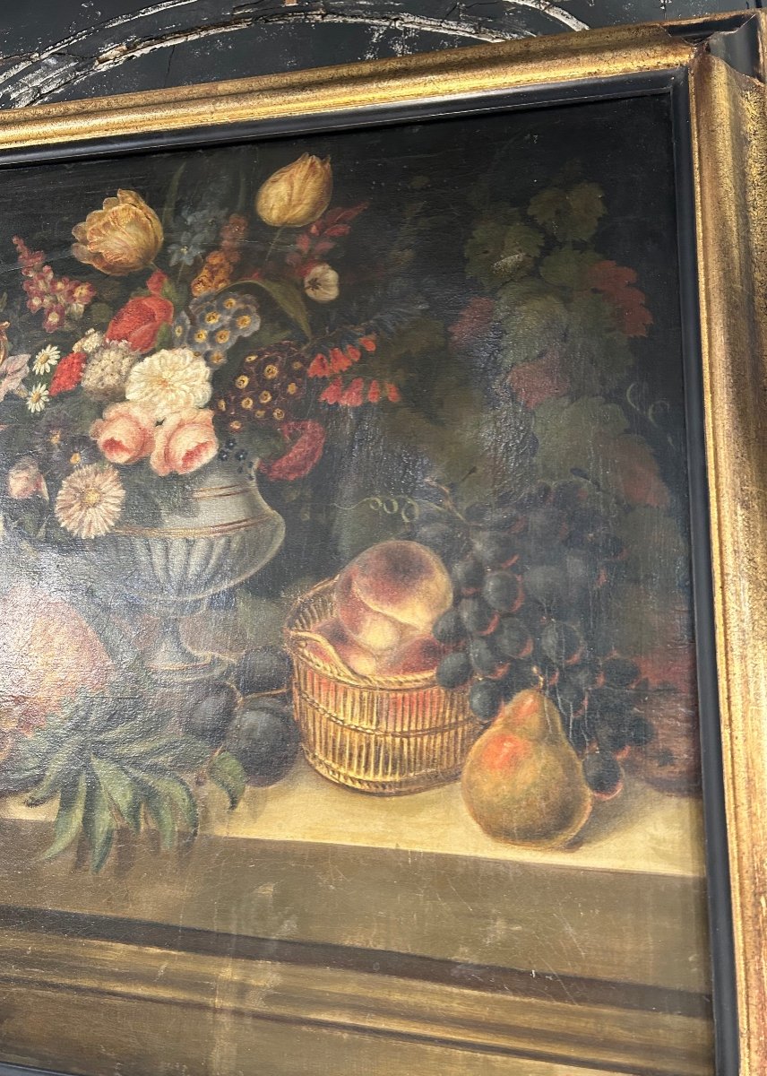 Tableau Nature Morte Au Bouquet De Fleurs ,aiguière Et Fruits-photo-3