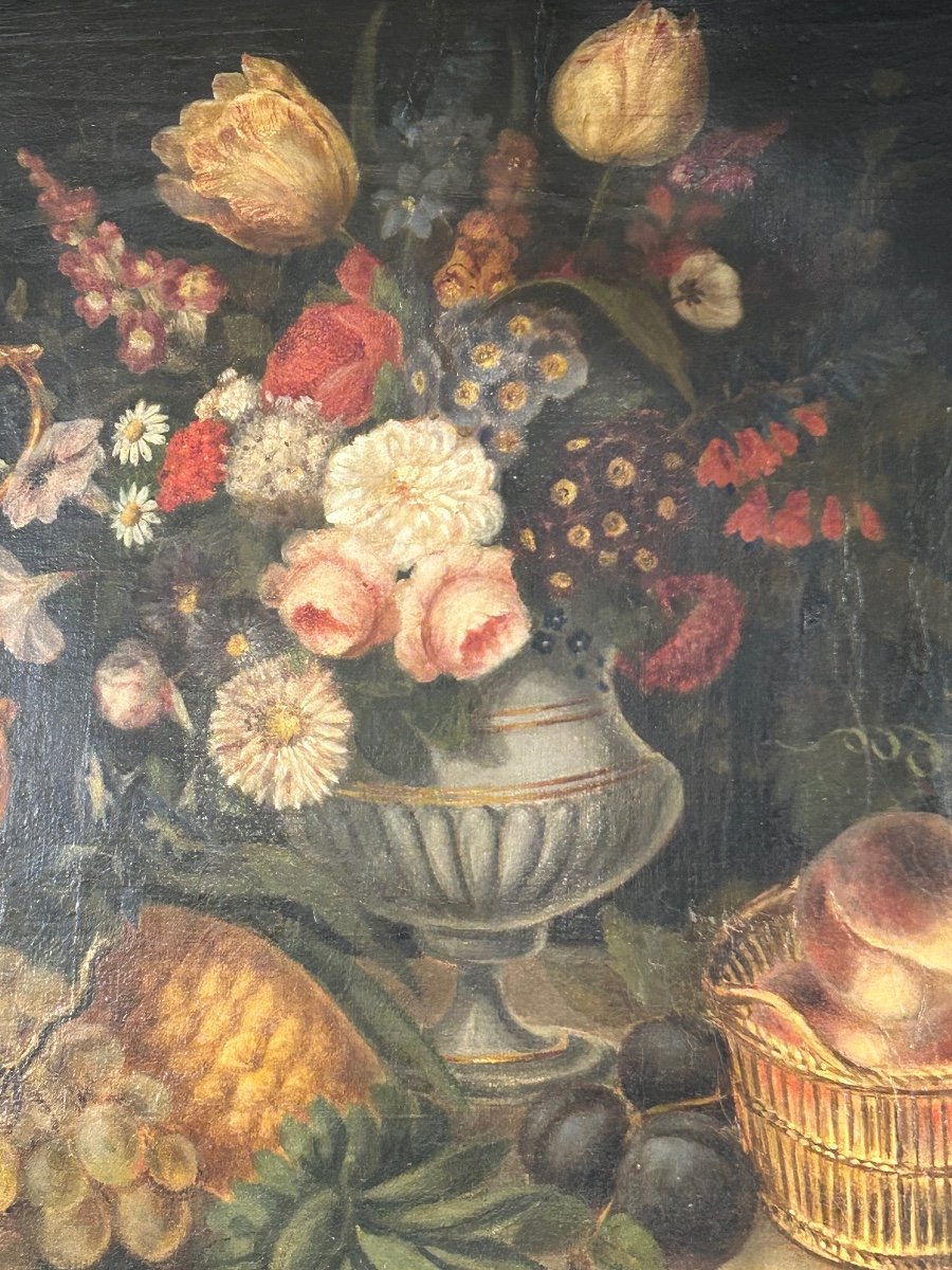 Tableau Nature Morte Au Bouquet De Fleurs ,aiguière Et Fruits-photo-4