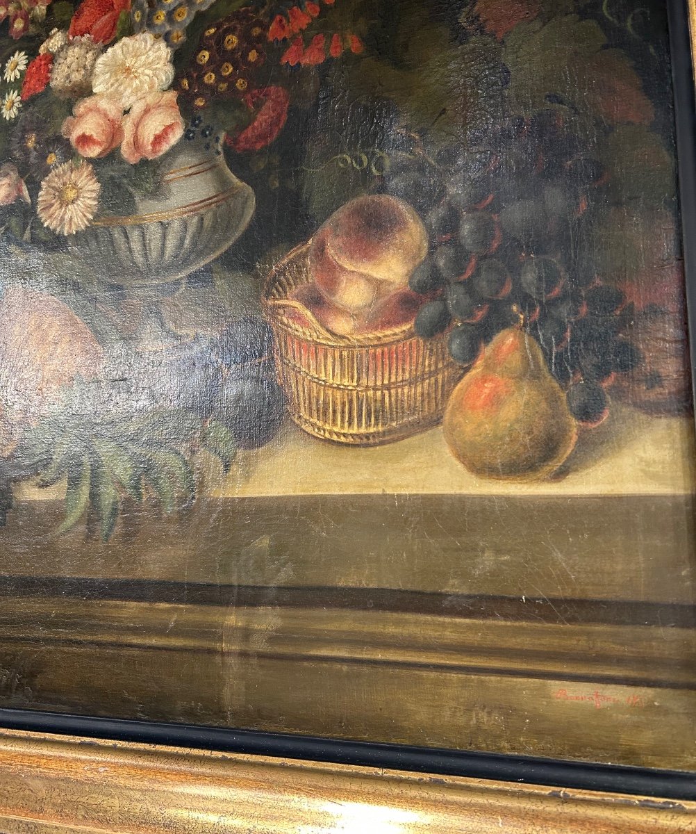 Tableau Nature Morte Au Bouquet De Fleurs ,aiguière Et Fruits-photo-3