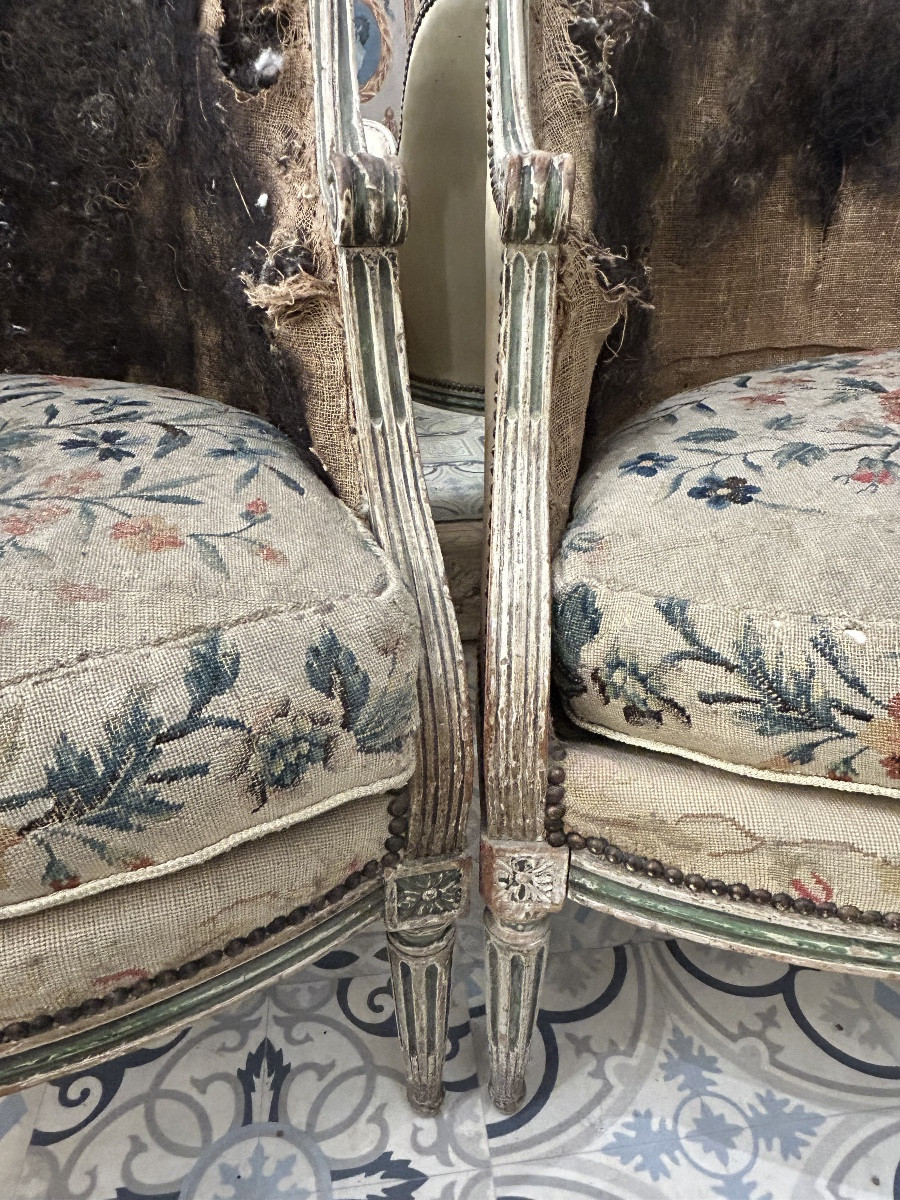 Pair Of Louis XVI Style Patinated Bergere Chairs-photo-3