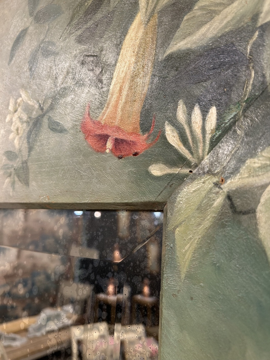 Miroir en bois peint aux fleurs et oiseau -photo-4