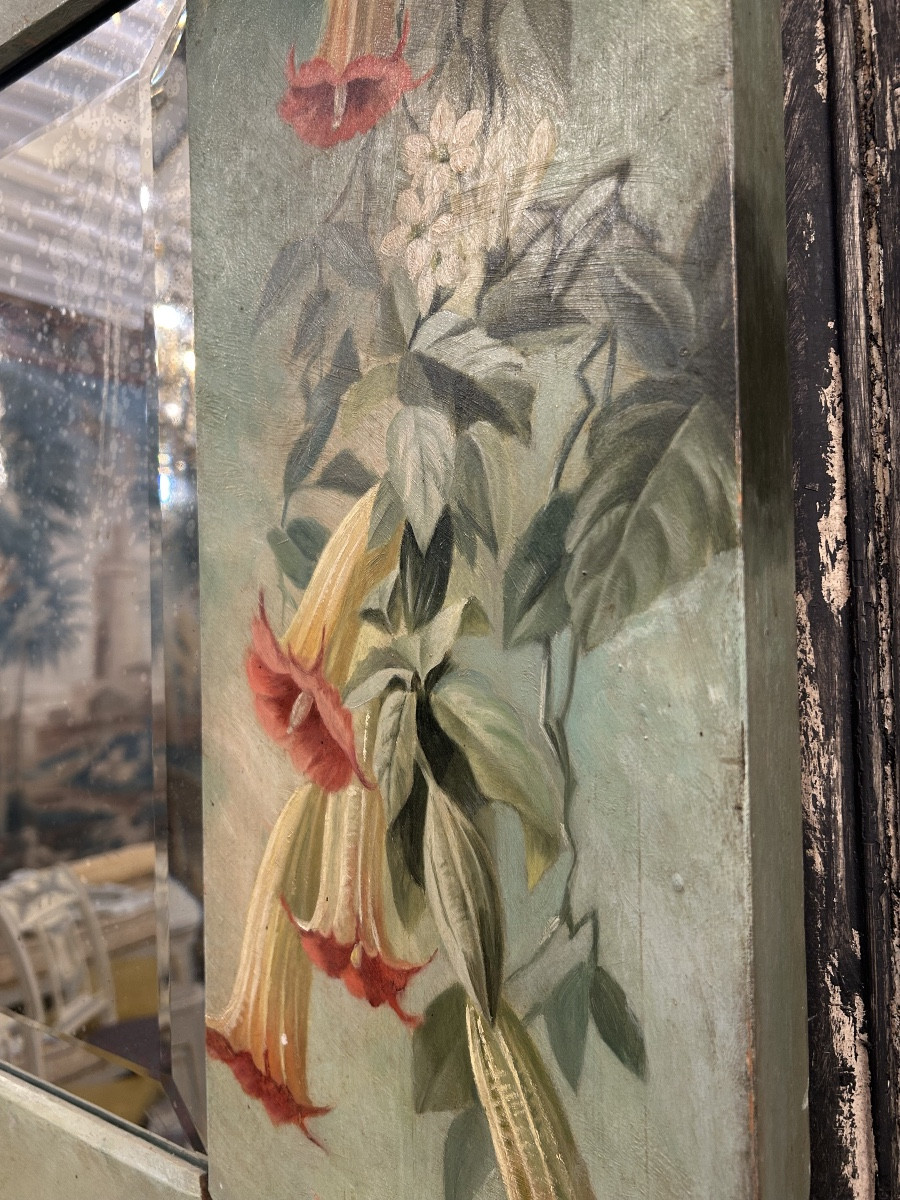 Miroir en bois peint aux fleurs et oiseau -photo-1