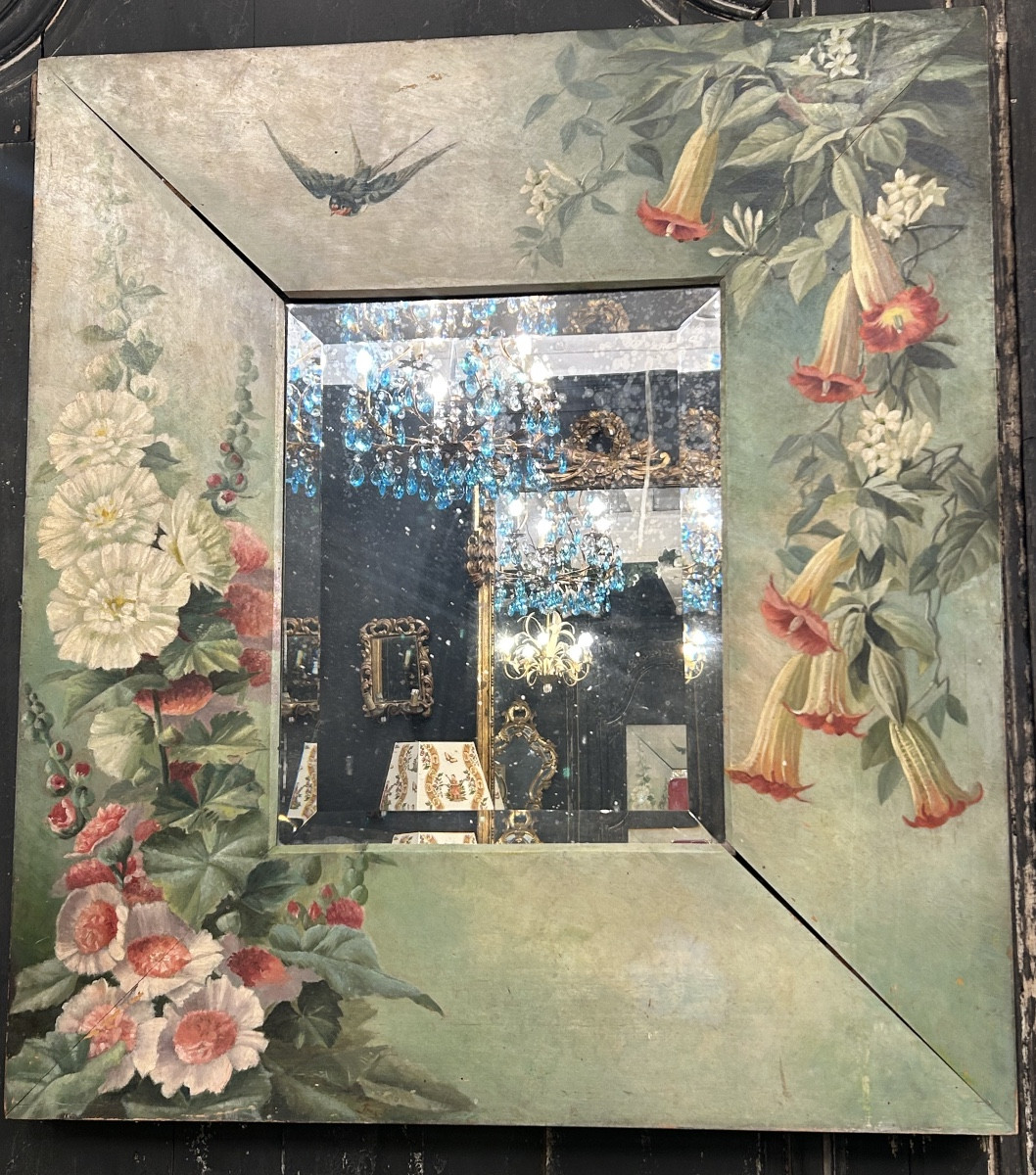 Miroir en bois peint aux fleurs et oiseau -photo-3