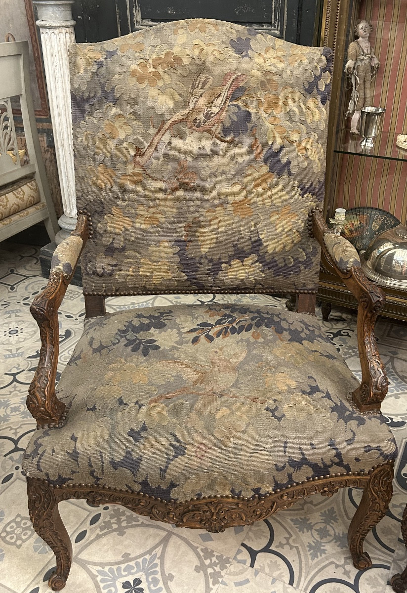 Pair Of Regency Style Armchairs Covered In Aubusson Tapestry-photo-2