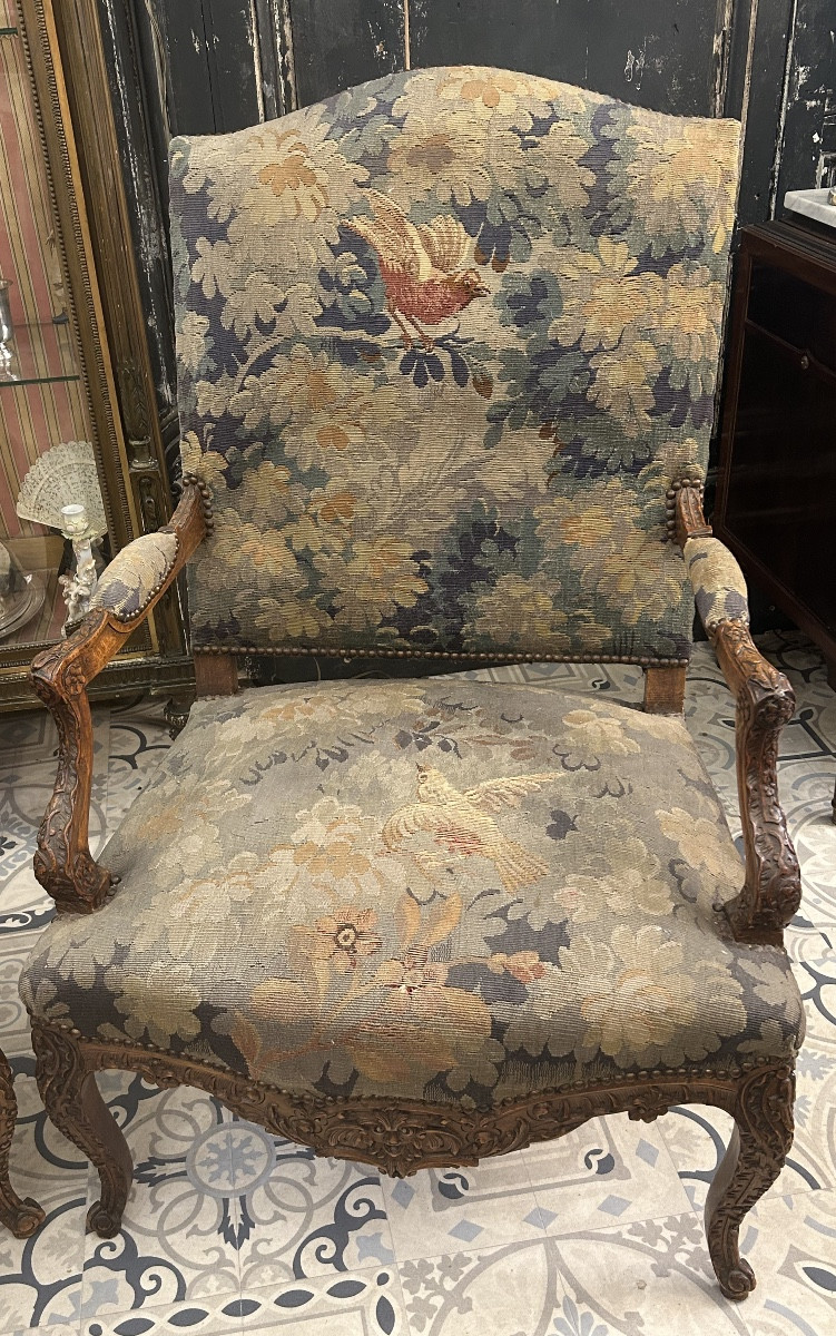 Pair Of Regency Style Armchairs Covered In Aubusson Tapestry-photo-3