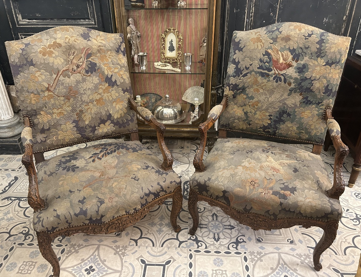 Pair Of Regency Style Armchairs Covered In Aubusson Tapestry