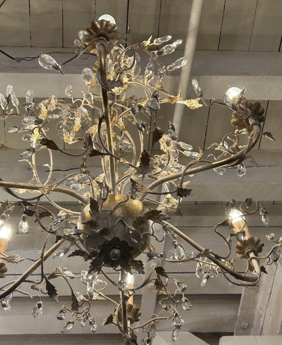 Lustre en tôle peint et doré dans le goût de la maison Bagues -photo-6