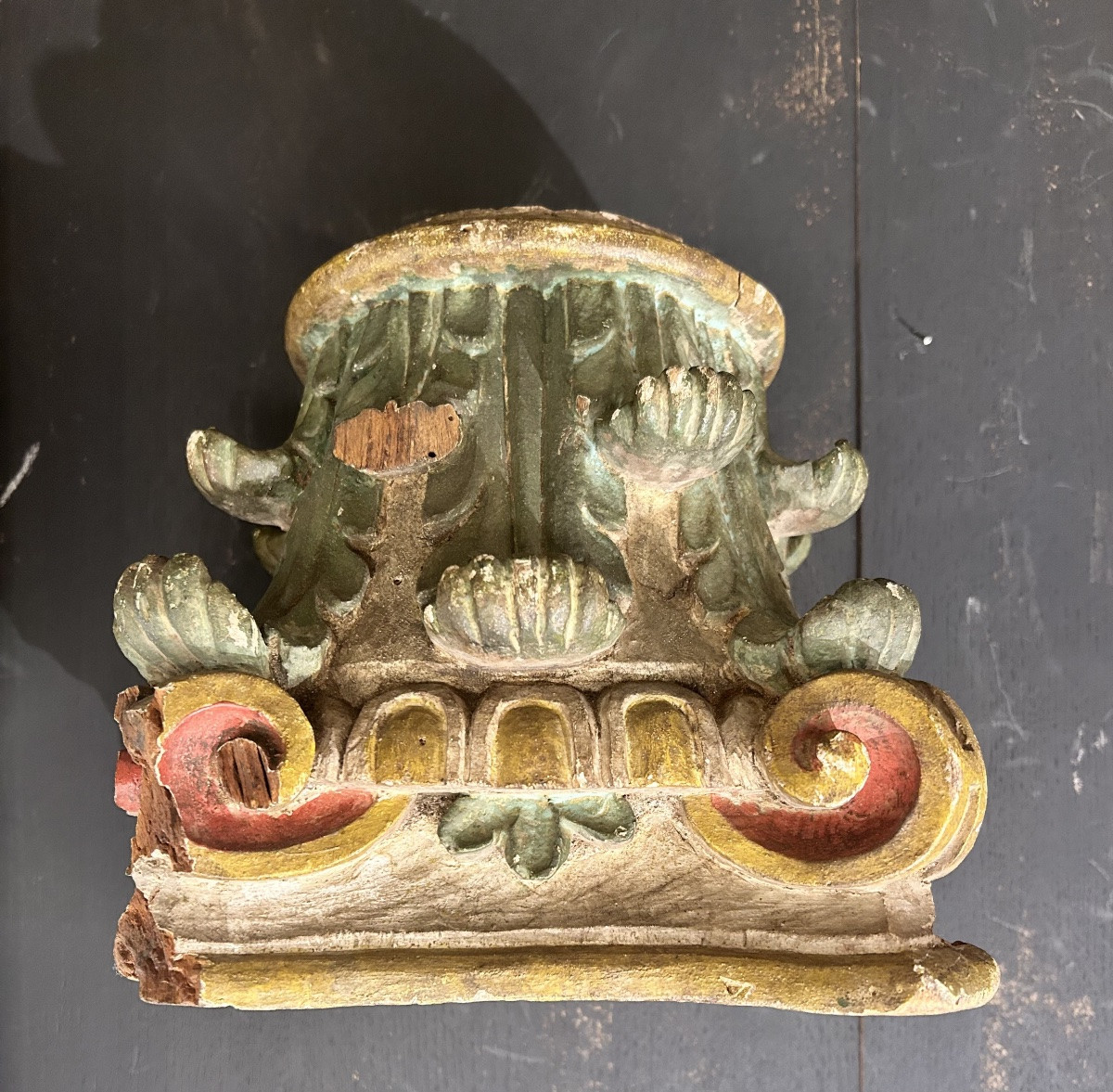 Polychrome Carved Wooden Capital Base -photo-2