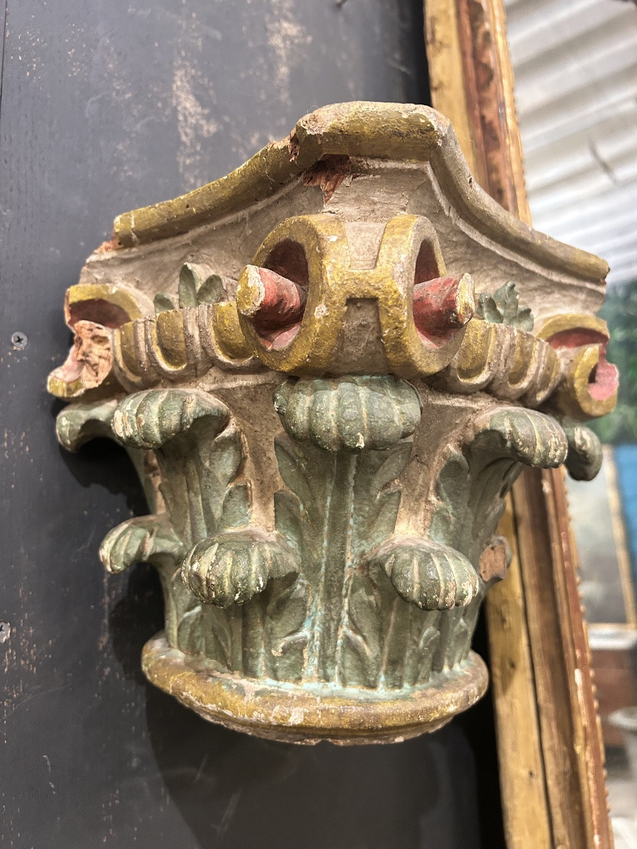 Polychrome Carved Wooden Capital Base -photo-3