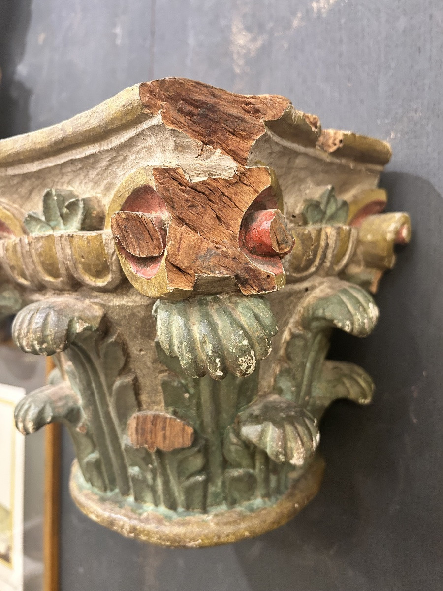 Polychrome Carved Wooden Capital Base -photo-4