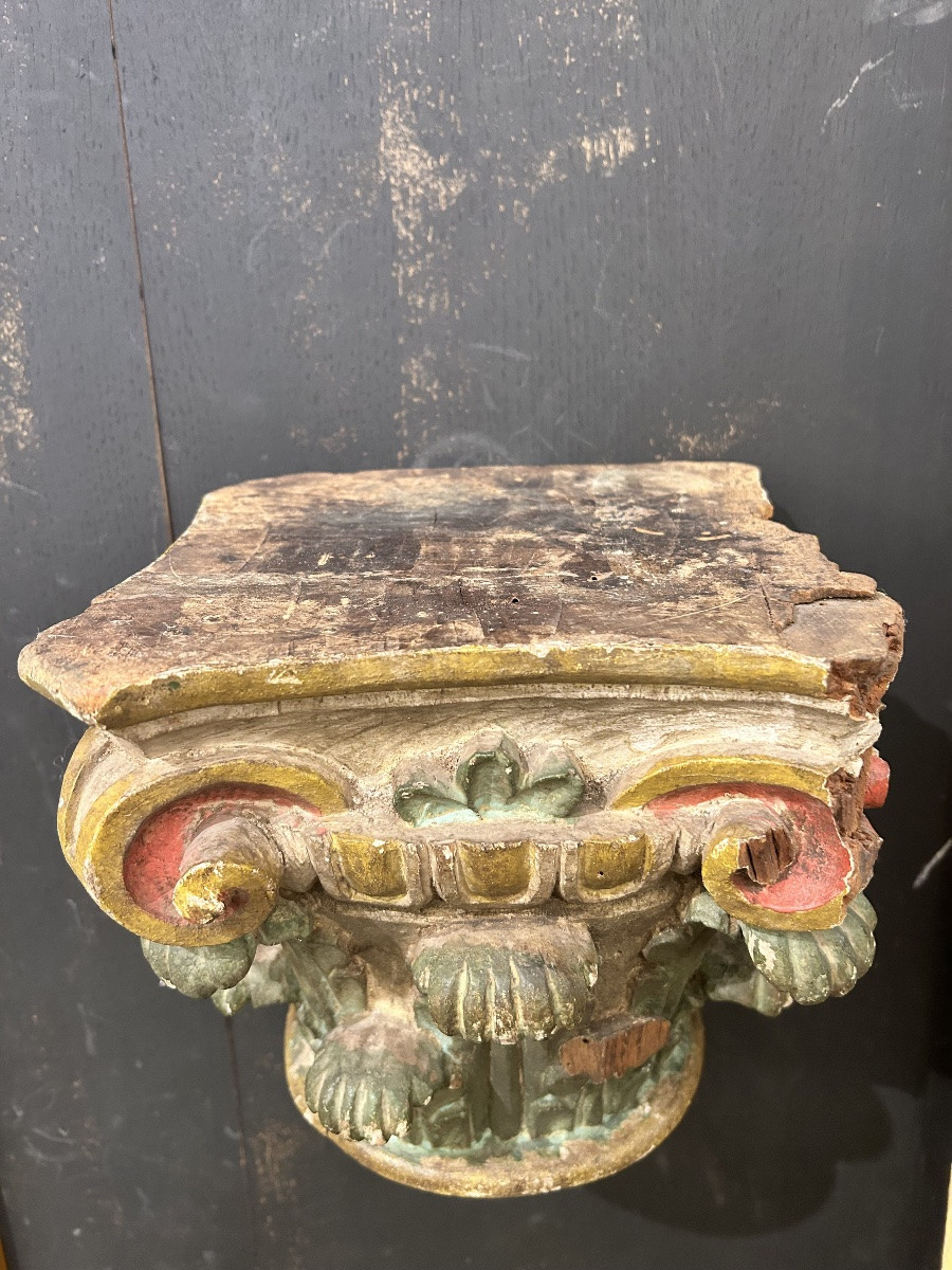 Polychrome Carved Wooden Capital Base -photo-3