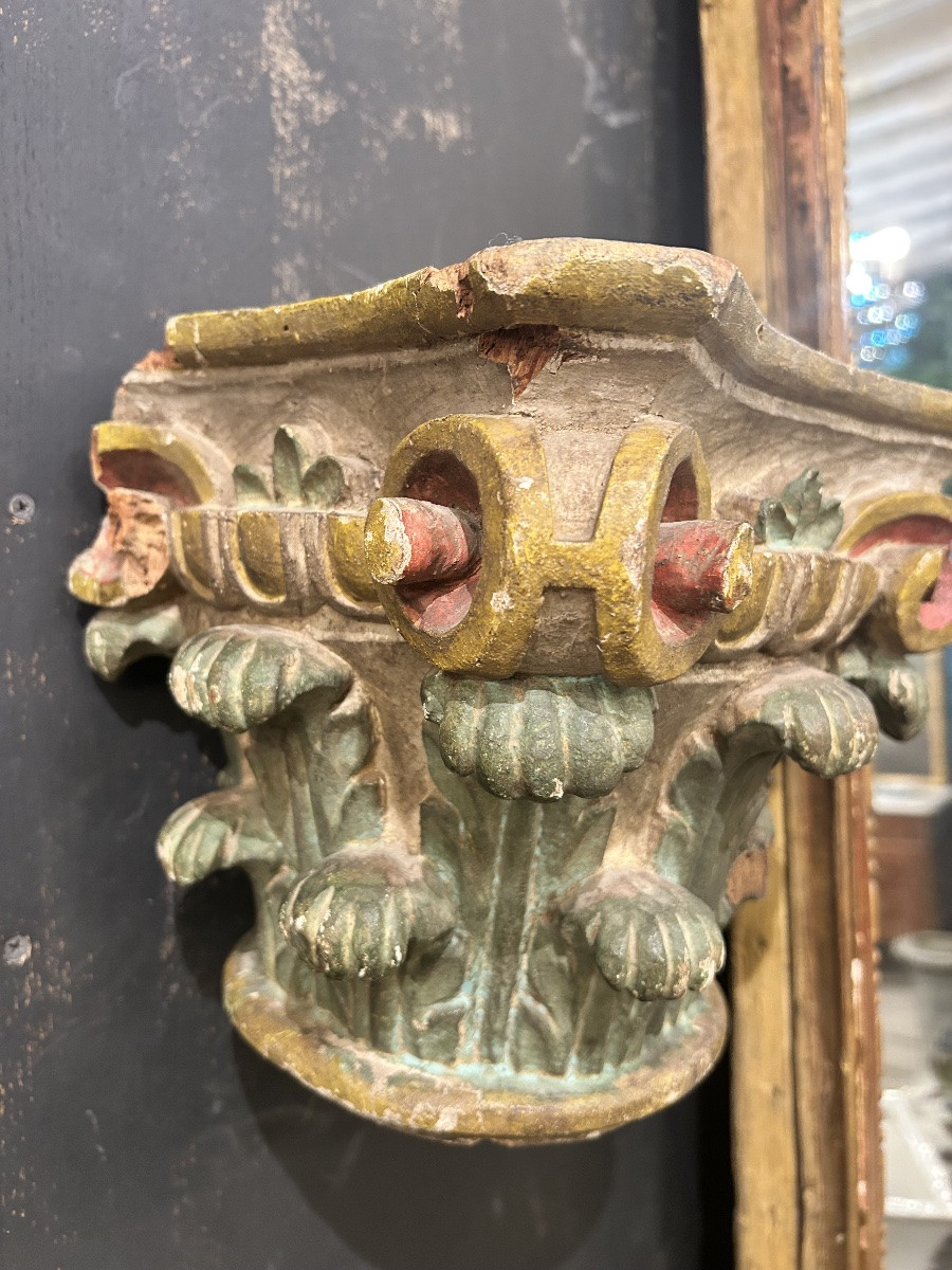 Polychrome Carved Wooden Capital Base -photo-5