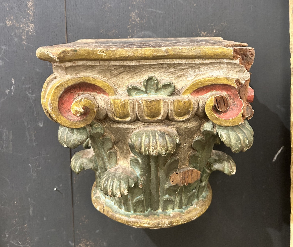 Polychrome Carved Wooden Capital Base 