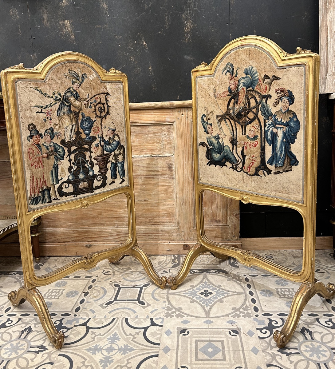 Pair Of Louis XV Style Tapestry Light Screens