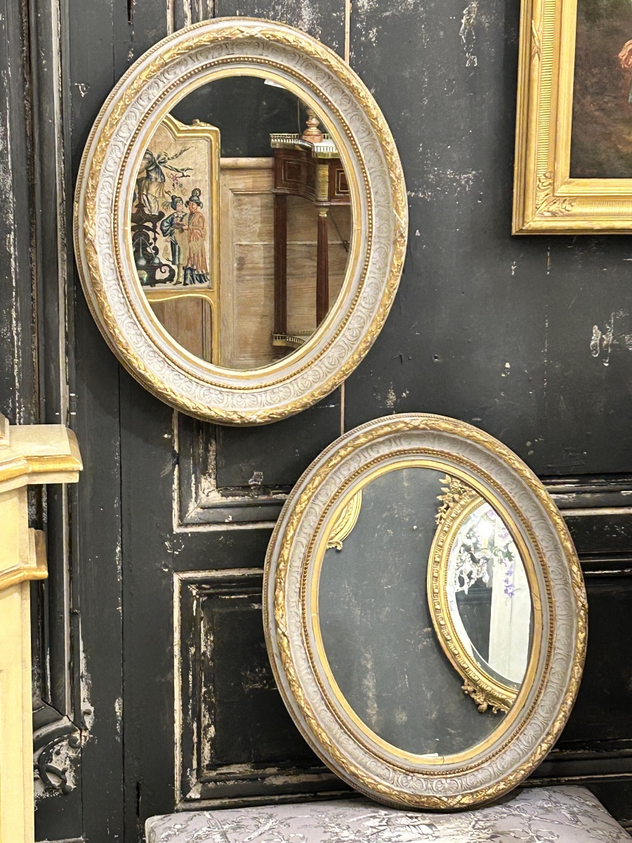 Pair Of Oval Openwork Mirrors Made Of Polychrome Stuccoed Wood -photo-2