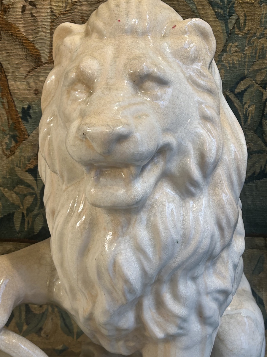 Pair Of Glazed Terracotta Lions -photo-3