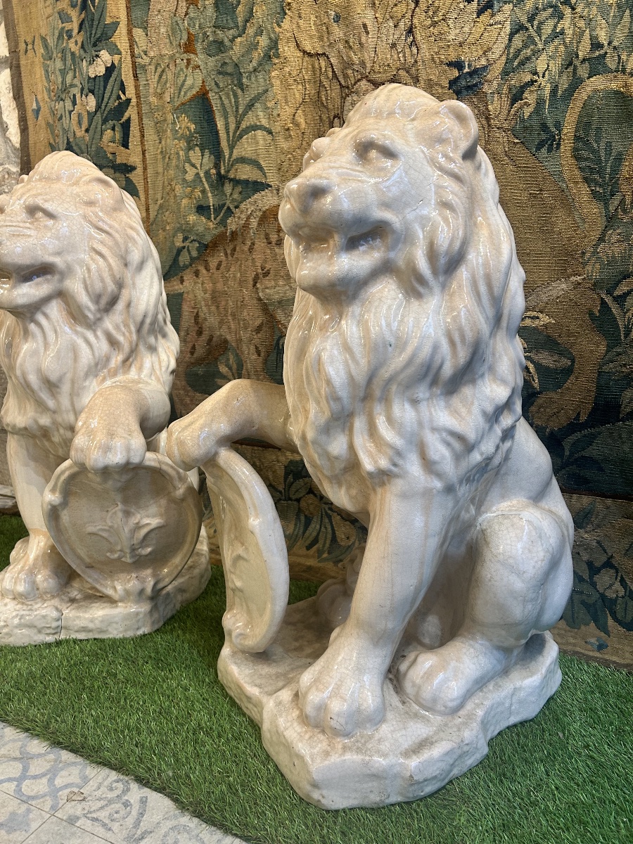 Pair Of Glazed Terracotta Lions -photo-5