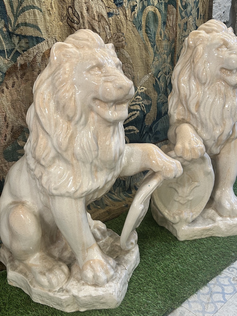 Pair Of Glazed Terracotta Lions -photo-6