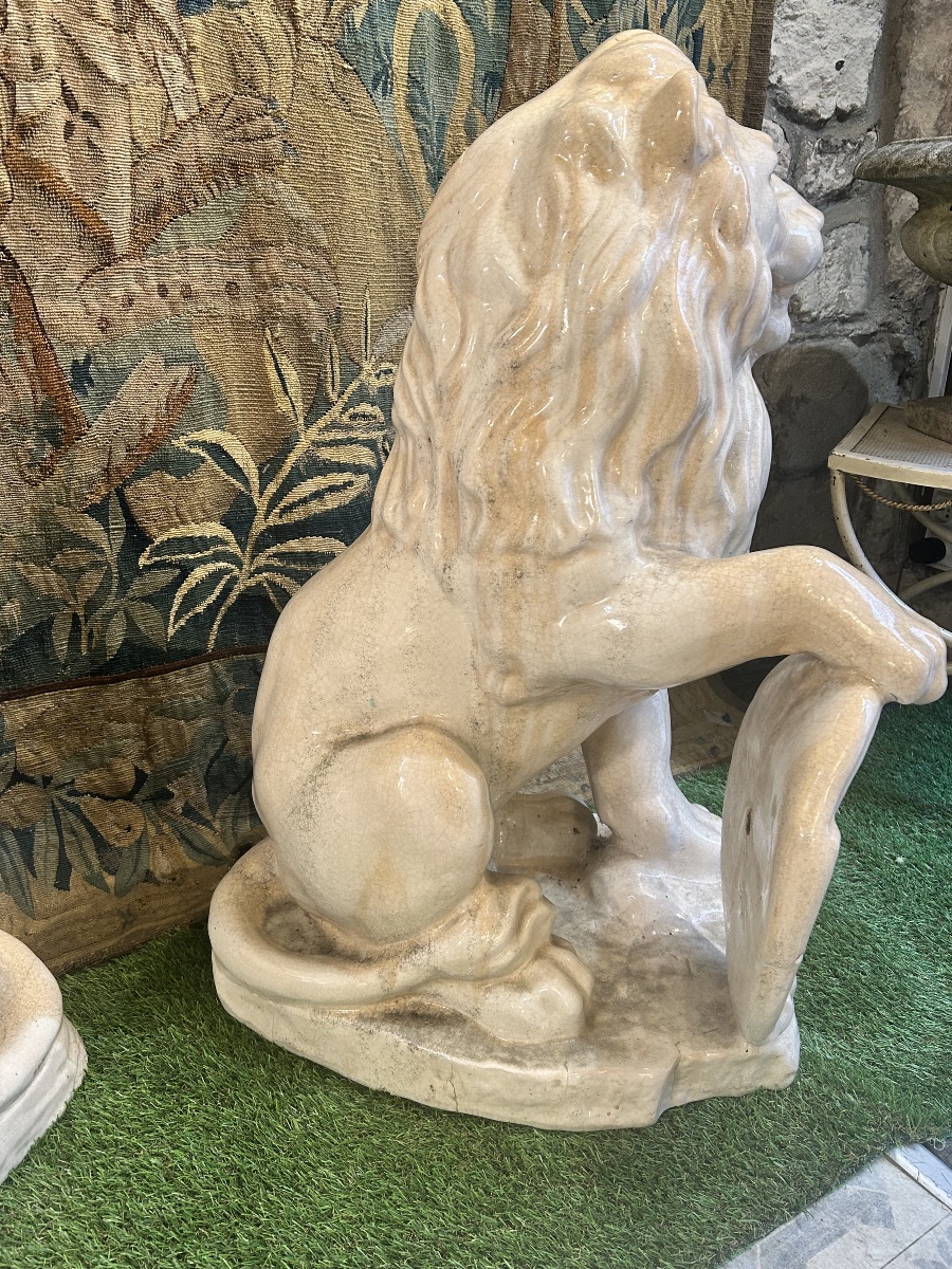 Pair Of Glazed Terracotta Lions -photo-8