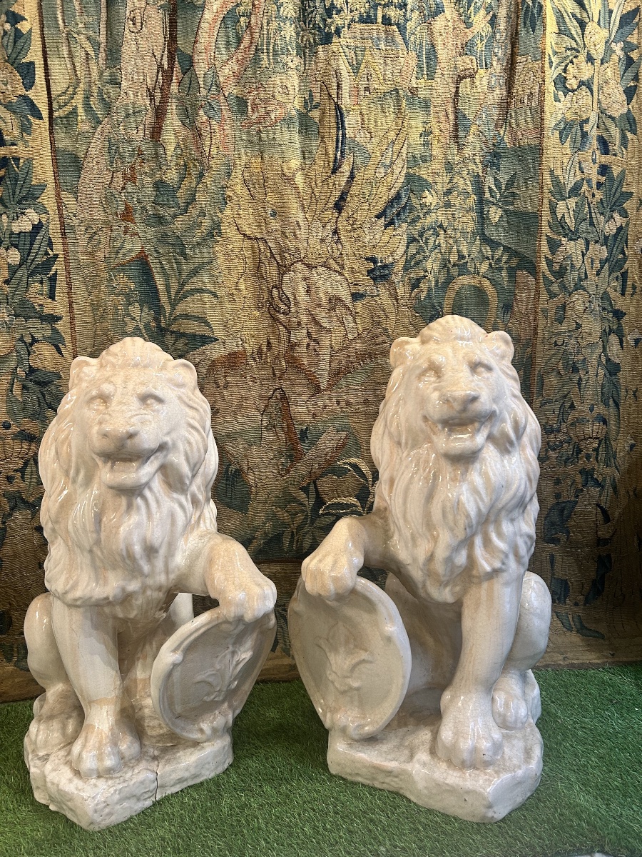 Pair Of Glazed Terracotta Lions 