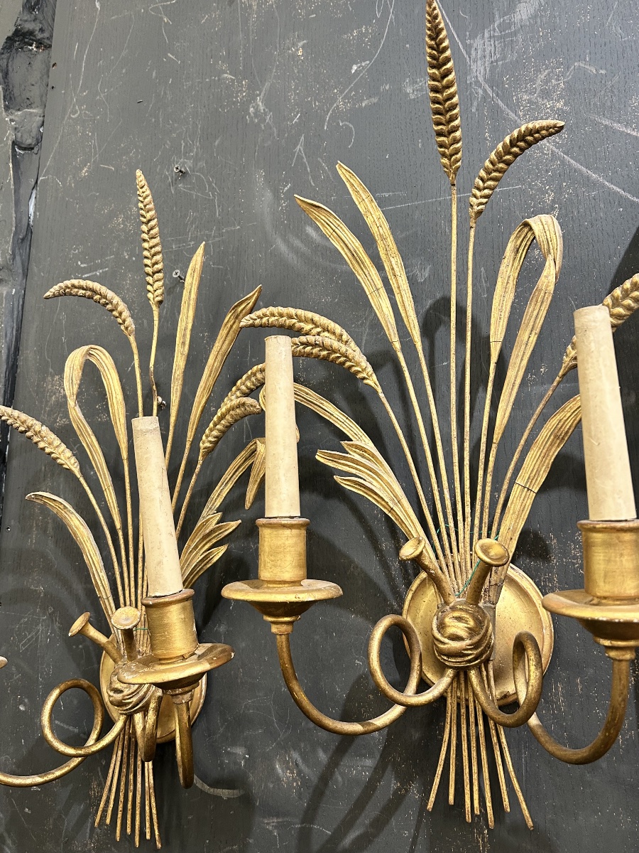 Paire d’appliques épi de blé en bois doré -photo-2