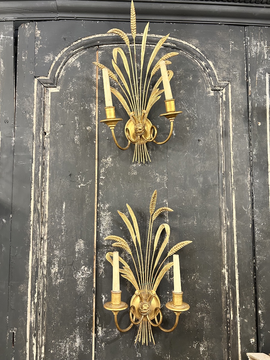 Paire d’appliques épi de blé en bois doré -photo-3