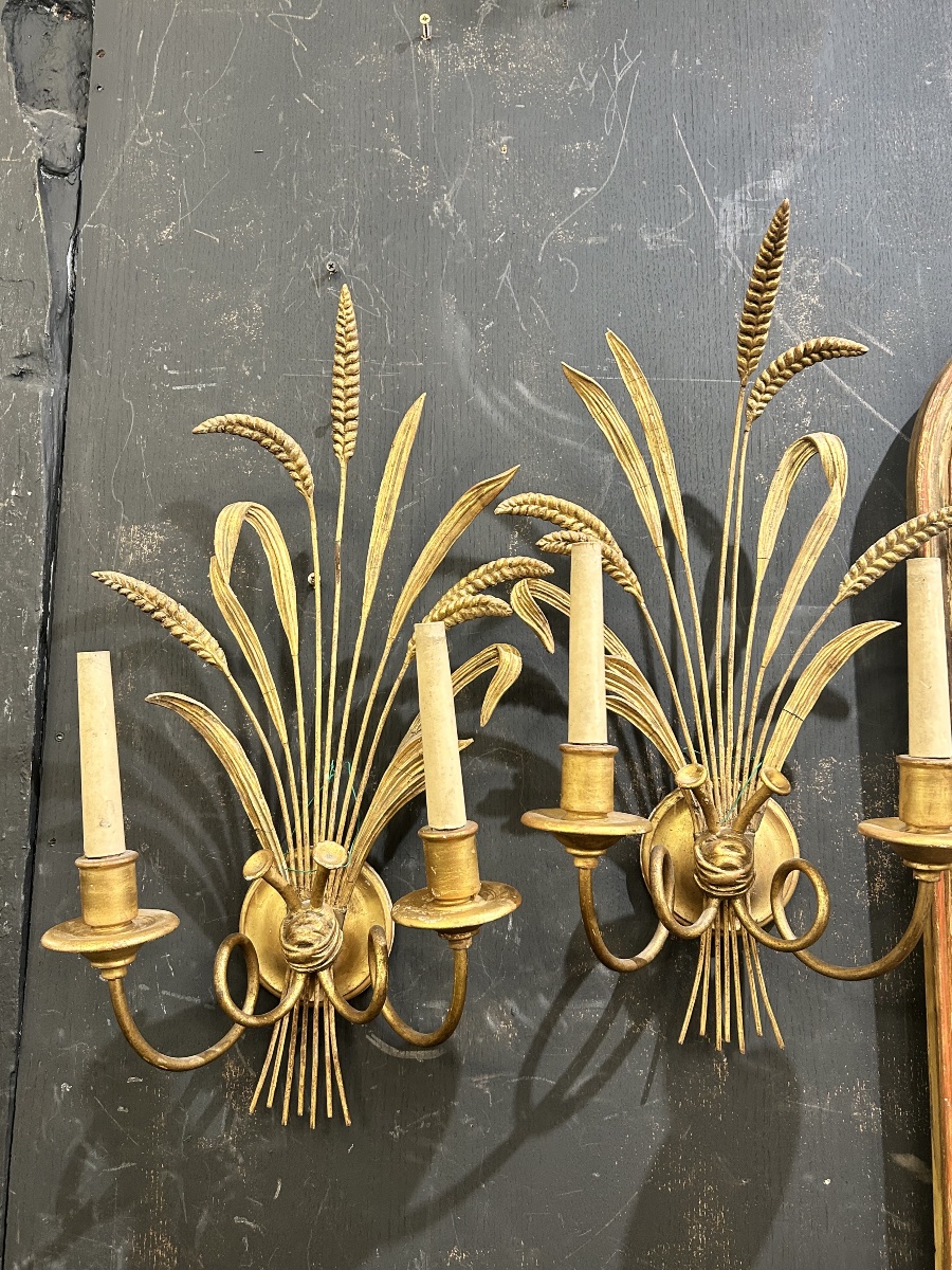 Paire d’appliques épi de blé en bois doré -photo-4