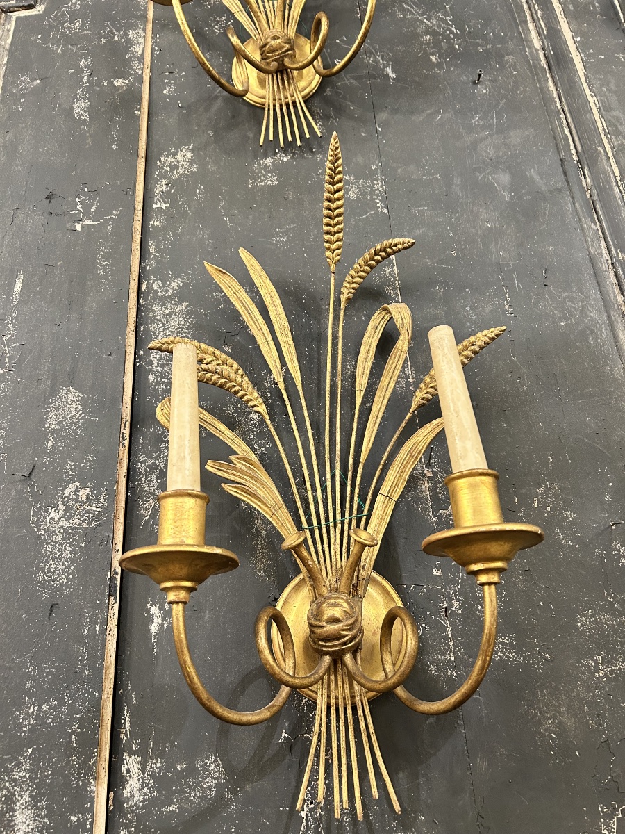 Paire d’appliques épi de blé en bois doré -photo-1