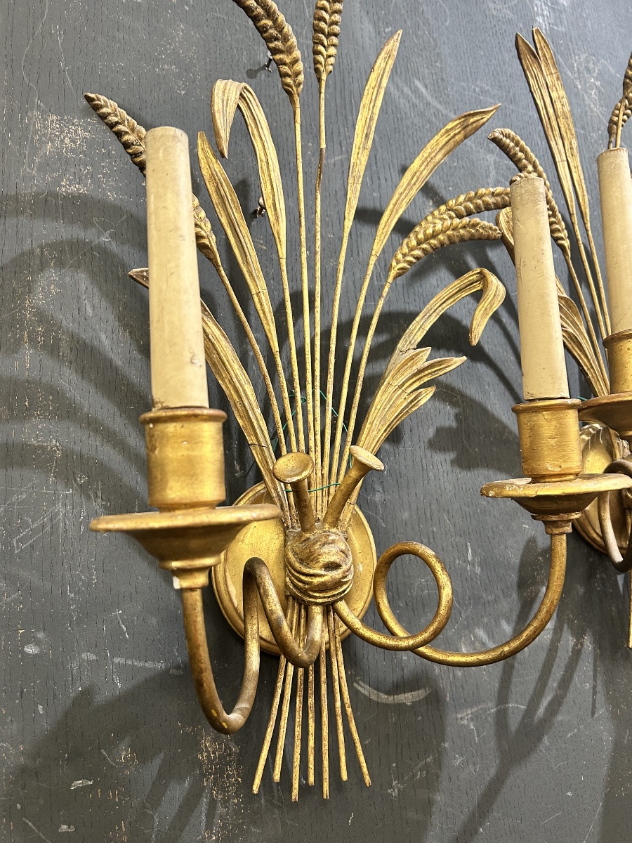 Paire d’appliques épi de blé en bois doré -photo-2