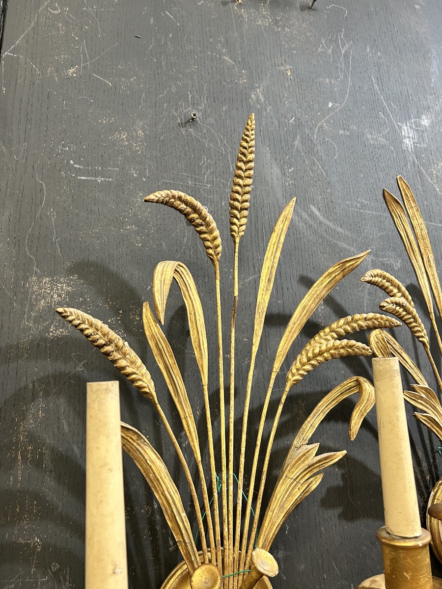 Paire d’appliques épi de blé en bois doré -photo-6