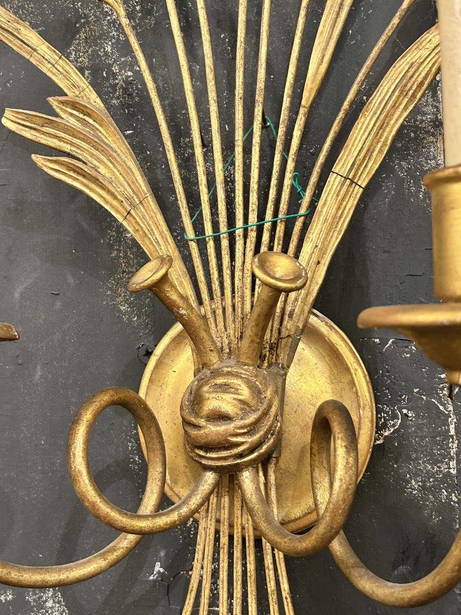 Paire d’appliques épi de blé en bois doré -photo-7