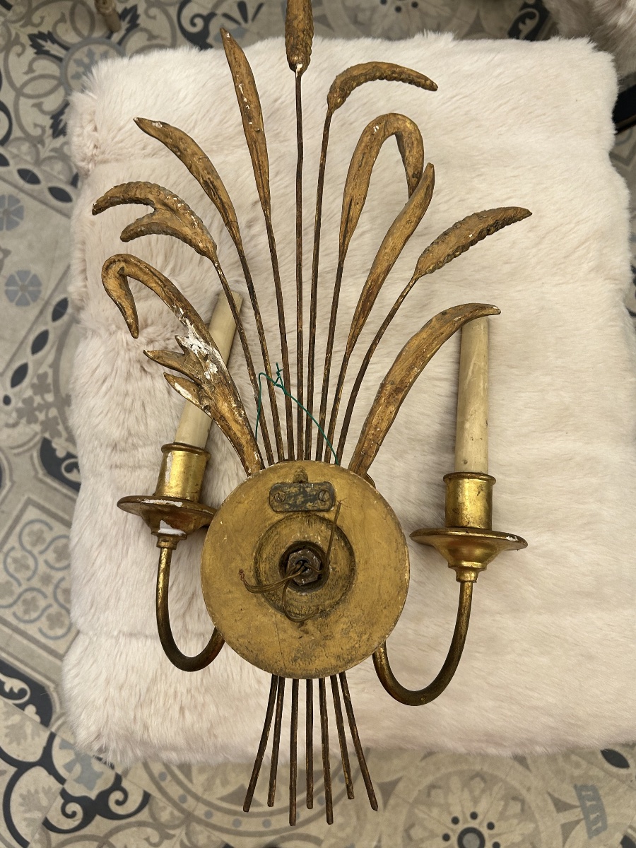 Paire d’appliques épi de blé en bois doré -photo-8