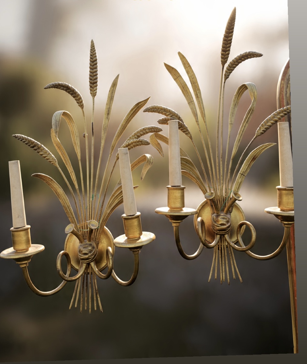 Paire d’appliques épi de blé en bois doré 