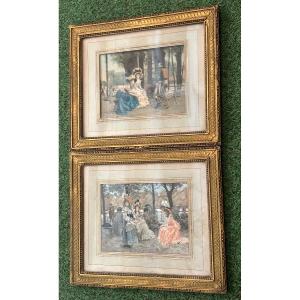 Paire De Gravures Colorées Encadrées Signée Flament François 