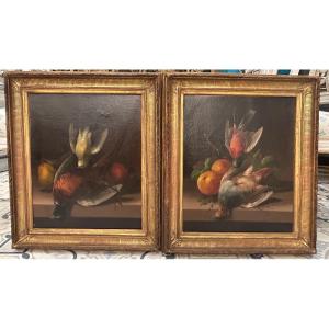 Pair Of Still Life Paintings With Birds And Autumn Fruits 