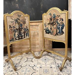Paire de pare feux style Louis XV tapisserie au point