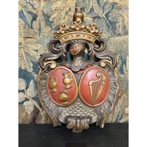 Coat Of Arms In Polychrome Carved Wood